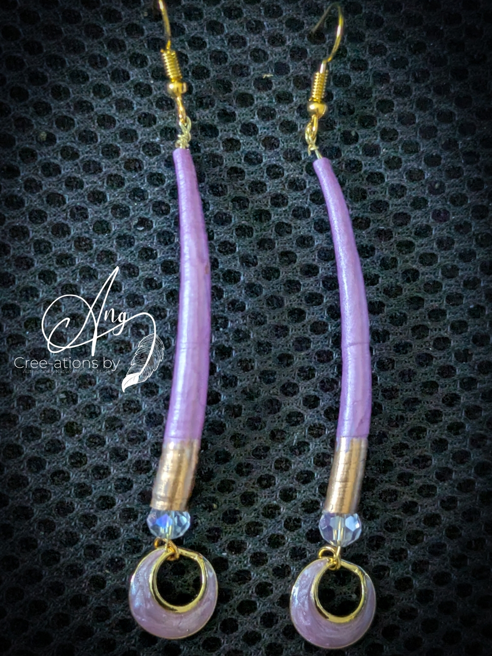 Beautiful Lavender Lilac Dentalium Shell Earrings with Gold Accents